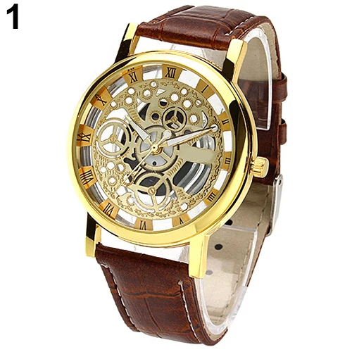 

2015 Trended Men's Women's Roman Numerals Faux Leather Band Skeleton Analog Sports Dress Wrist Watch C2K5W