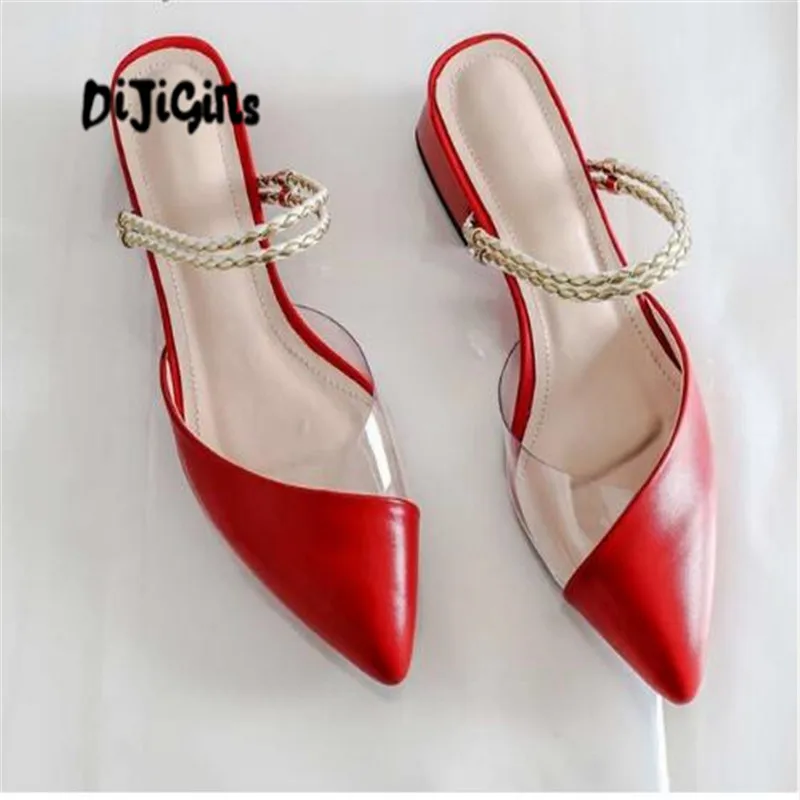 

DIJIGIRLS genuine leather summer shallow transparent outside slippers mixed color slip on pointed toe sandals for women