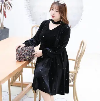 

Women's spring autumn sexy rhinestone beaded velvet dress lady's elastic plus size sexy spring dress XL~4XL TB332