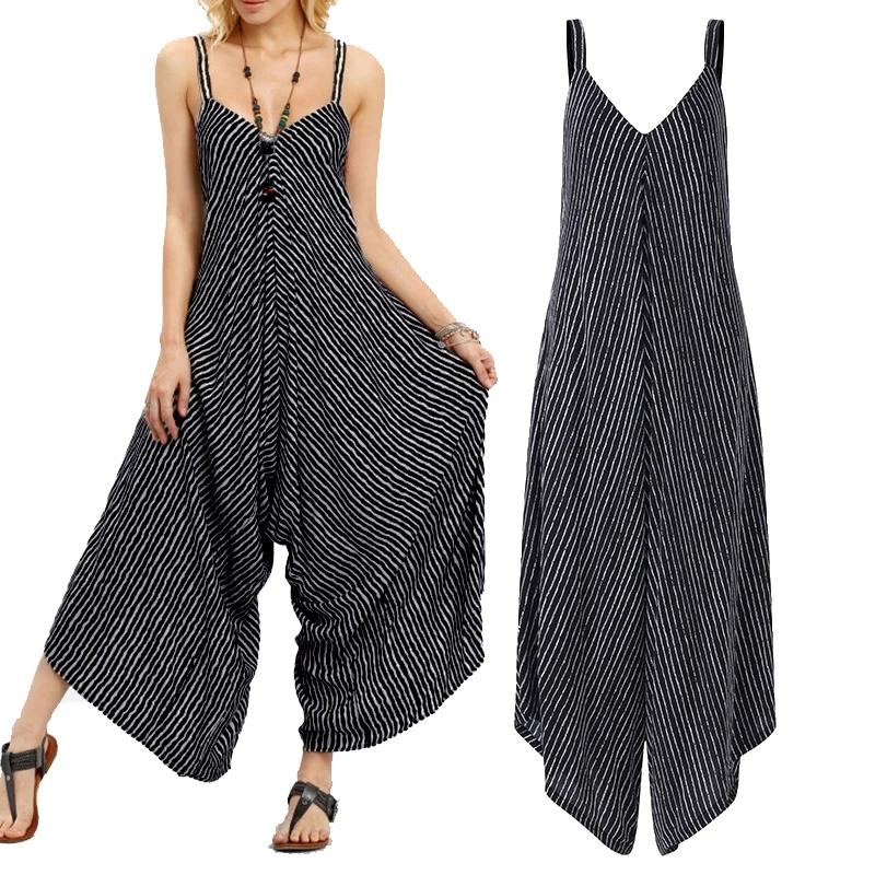 Women Long Pinstriped Overalls Backless Sleeveless Casual Sexy Playsuits Jumpsuits Bohemian Black Romper Striped Pockets Party Jumpsuits and Playsuits