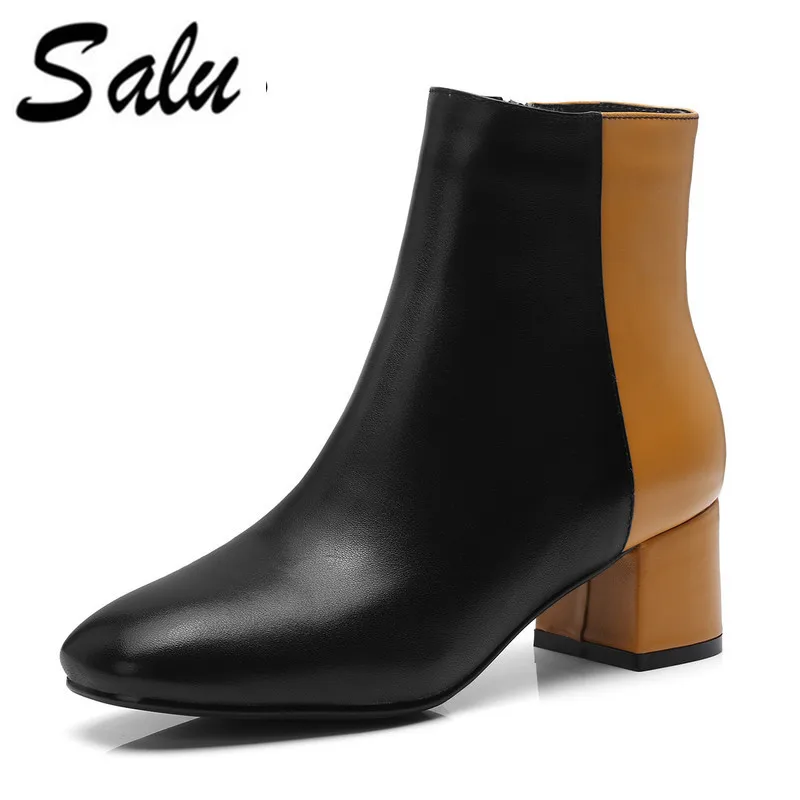 

Salu women's winter boots genuine leather Chelsea women boots real wool fur inside snow shoes thick heels warm