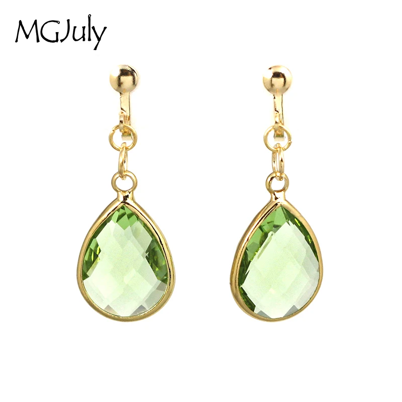 

Green Glass Crystal Earrings No Hole Ear Clips Water Droplets Glass Clip Earring No Pierced Romantic Women Earring Jewelry CE035
