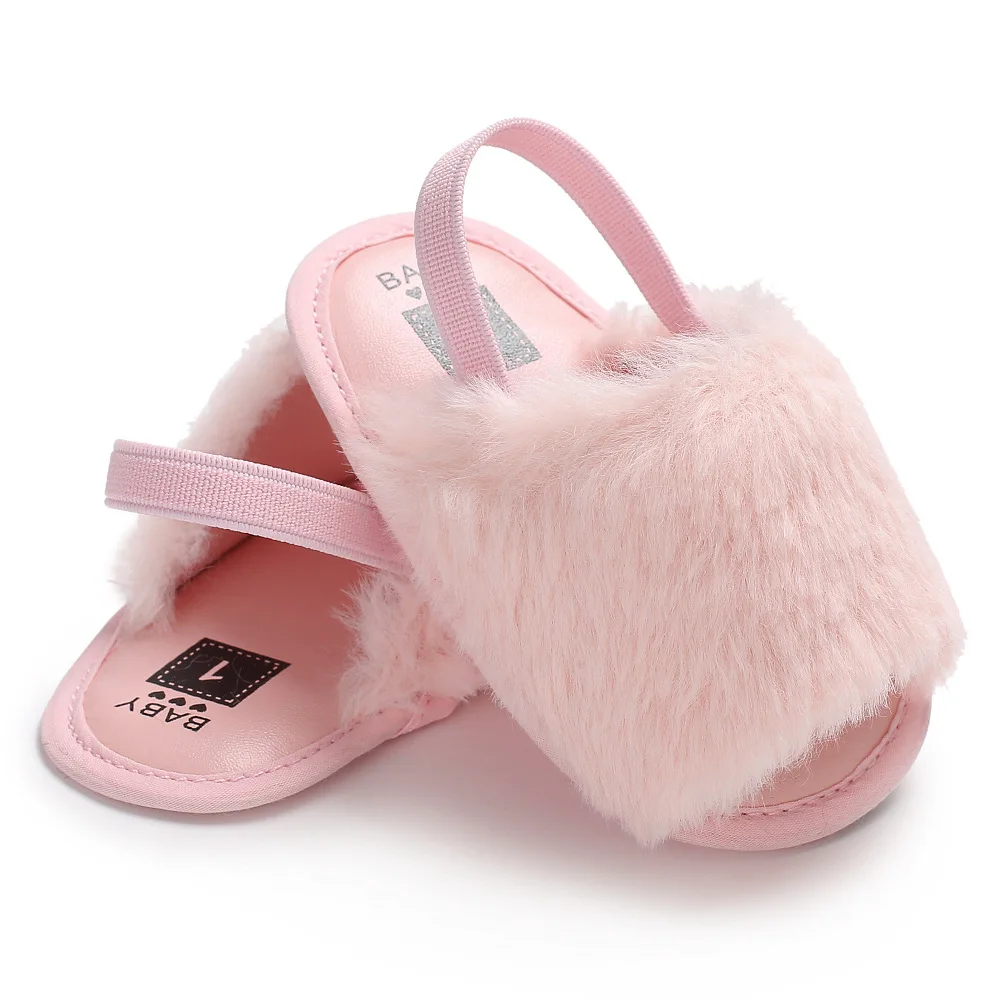 2019 розовые сандалии с искусственным мехом для маленьких мальчиков и девочек, милая детская обувь, Нескользящие Детские сандалии на мягкой