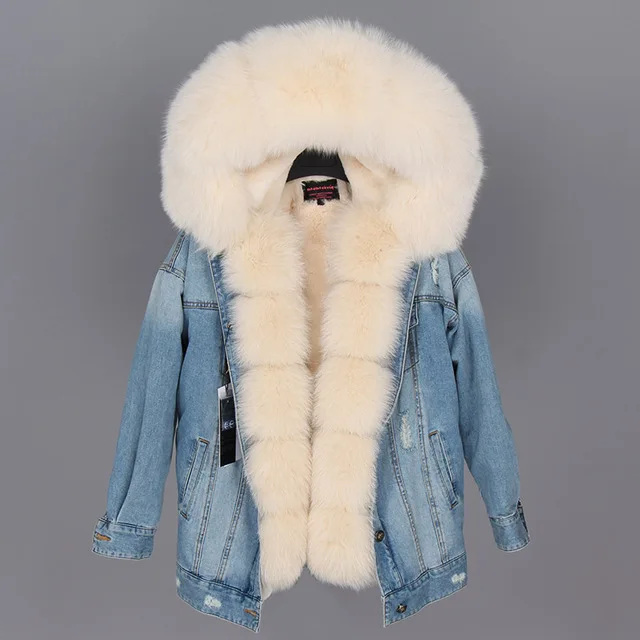 Maomaokong natural rabbit fur lined denim jacket fox fur coat coat fashion denim fox fur warm lady winter jacket women parka - Color: 08