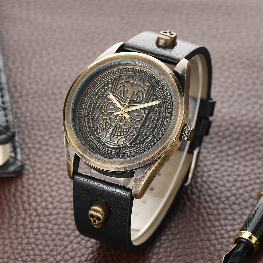 Bronze Retro Steampunk Skeleton Men's Watches Creative Skull Head Dial Vintage Quartz Clock Genuine Leather Band Punk WristWatch (29)