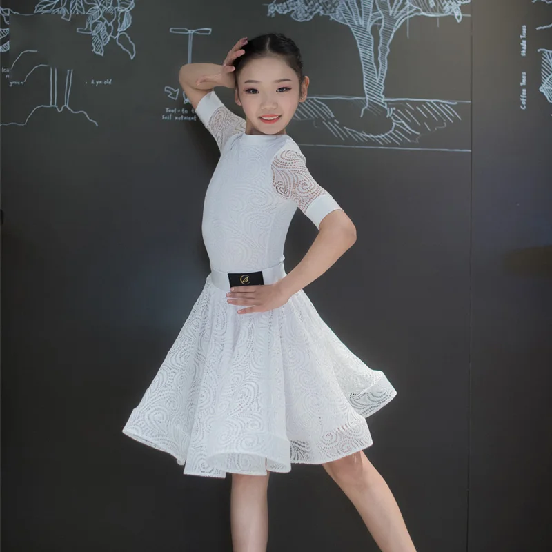 Тонкое Платье для латинских танцев для детей, девочек, белое кружевное балларо, танго ча, одежда для танцевальных выступлений, Самба Румба, наряд для практик DC1883
