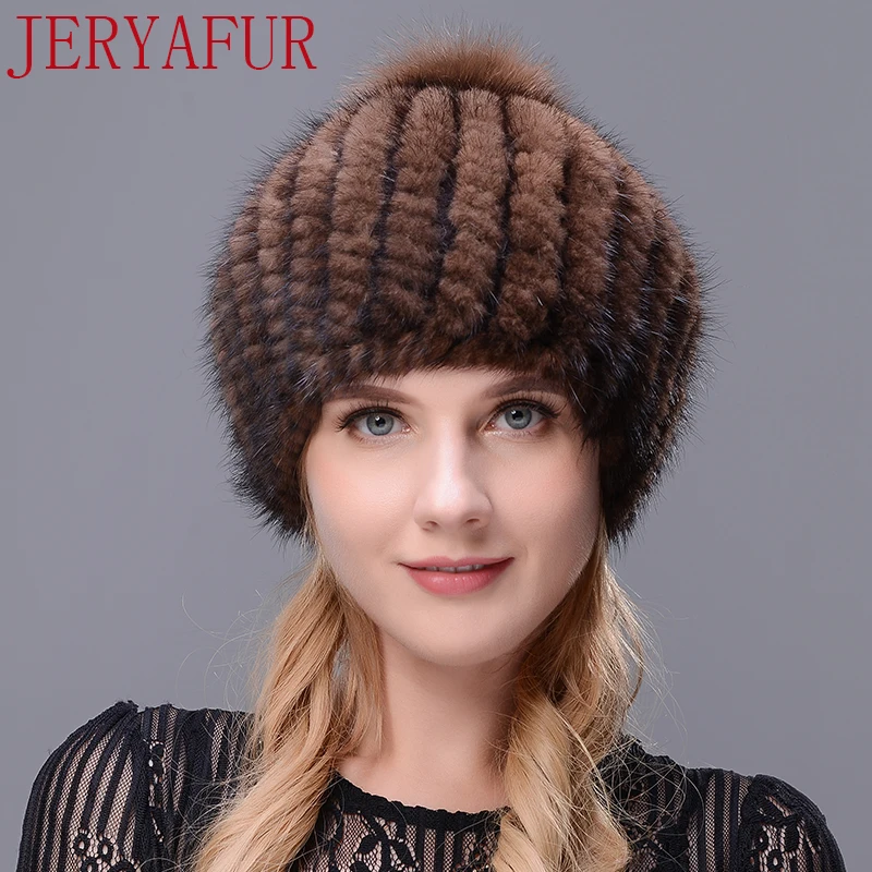 JERYAFUR настоящий натуральный норковый Меховой берет шапка зимняя женская Лыжная