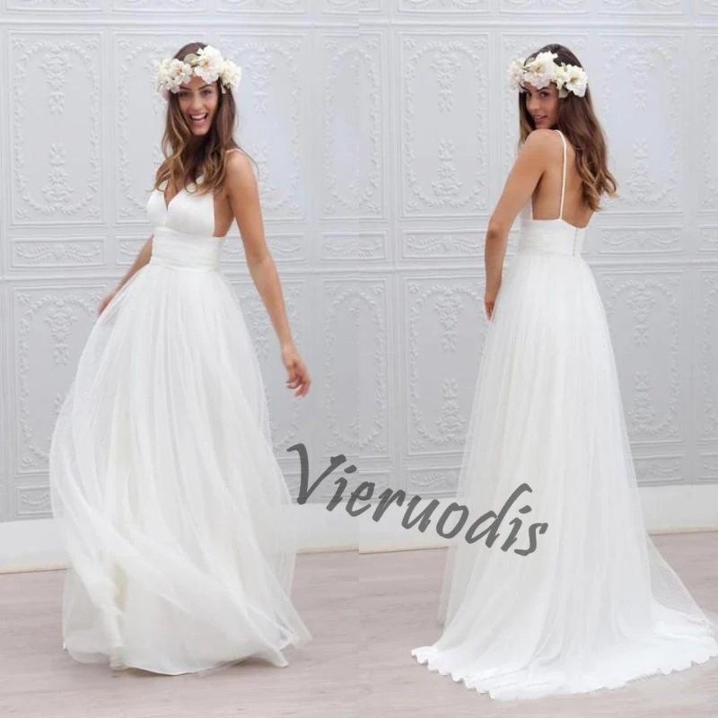 17-1             Beach Boho Wedding Dresses Sexy Backless Spaghetti Straps Tulle Ruched Floor Length Bohemian Wedding Bridal Gowns robe de mariée