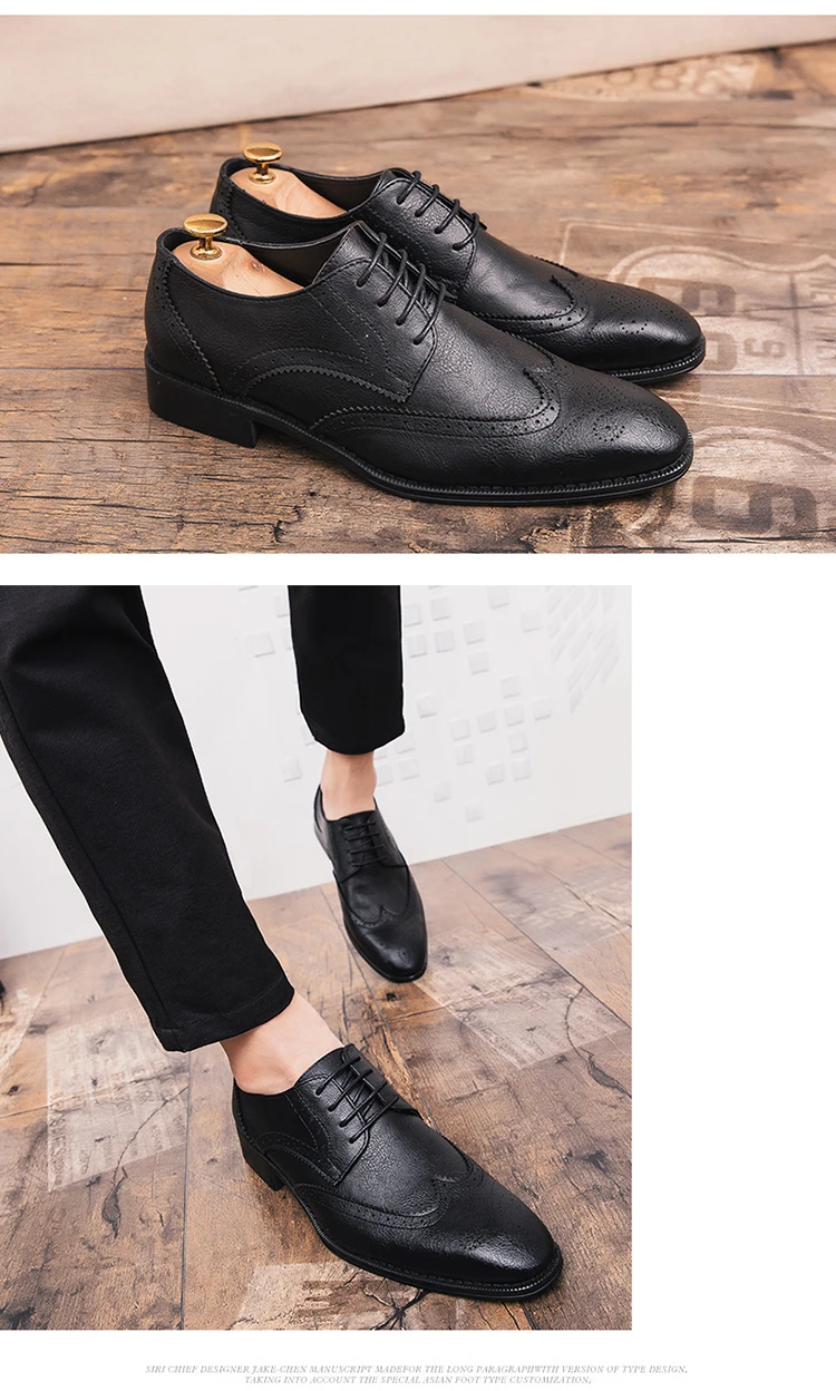 Misalwa/черные модельные туфли размера плюс для мужчин; британский дизайн; кожаные Мужские броги; элегантная обувь; удобные свадебные туфли на плоской подошве с острым носком