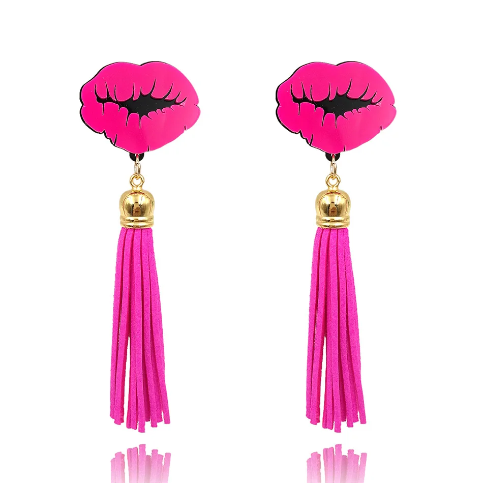 

Fashion Rose lips Long Tassel Earrings For women Personality Acrylic Sexy mouth Gold Drop Earrings Nightclub Bar Dance E18062