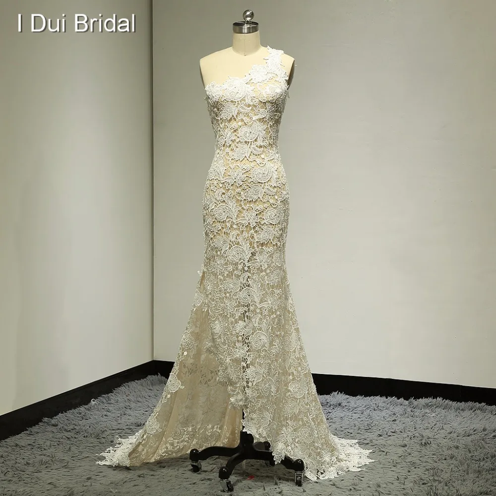 One Shoulder Illusion Lace Sheath Wedding Dresses Real Photo ELS-020 One Shoulder Illusion Lace Sheath Wedding Dresses Real Photo ELS-020