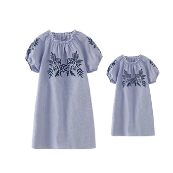 

Summer Matching Family Outfits Fashion Blue Striped Mother Daughter Dresses Floral Embroidery Mum Girls Clothes Family Clothing