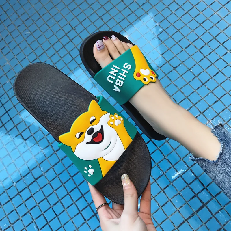 

Summer Slippers Women Slides Cartoon Dog Shiba Inu Beach Slippers Flat Heel Sandals Shoes Women Slip On Flip Flops Zapatos Mujer