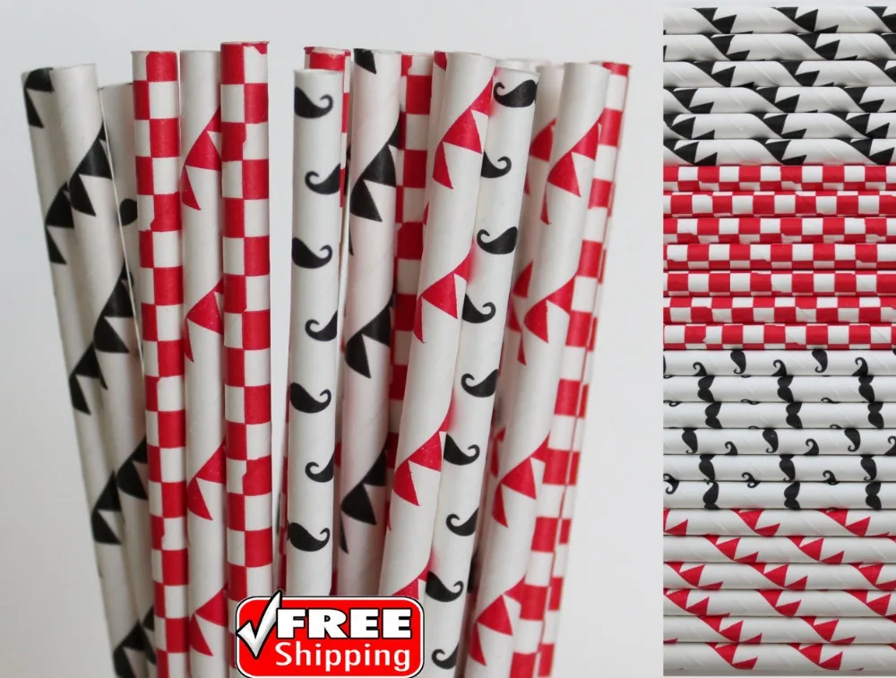 200pcs Mixed 4 Designs Red and Black Themed Paper Straws Bunting Pennant Banner,Checker,Mustache