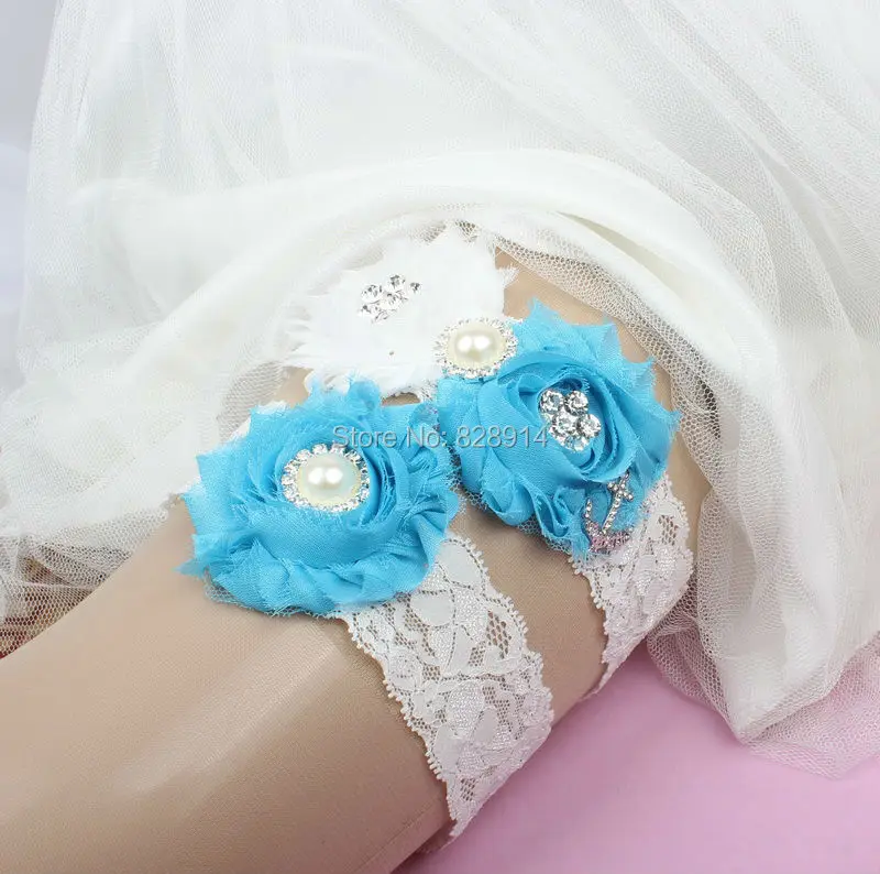 Новый дизайн белое кружево для отделки и синий цвет потертый цветок Свадебная подвязка для свадебная Подвязка из цветка и якоря ручной