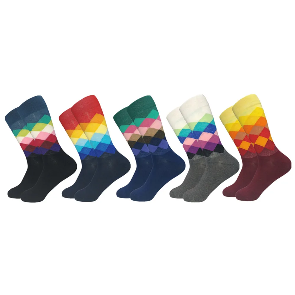 5 pairs of socks Горячая Распродажа повседневные мужские носки новые носки Осень и зима клетчатые Цветные счастливые деловые вечерние Хлопковое носки мужские - Цвет: 5 pairs of socks