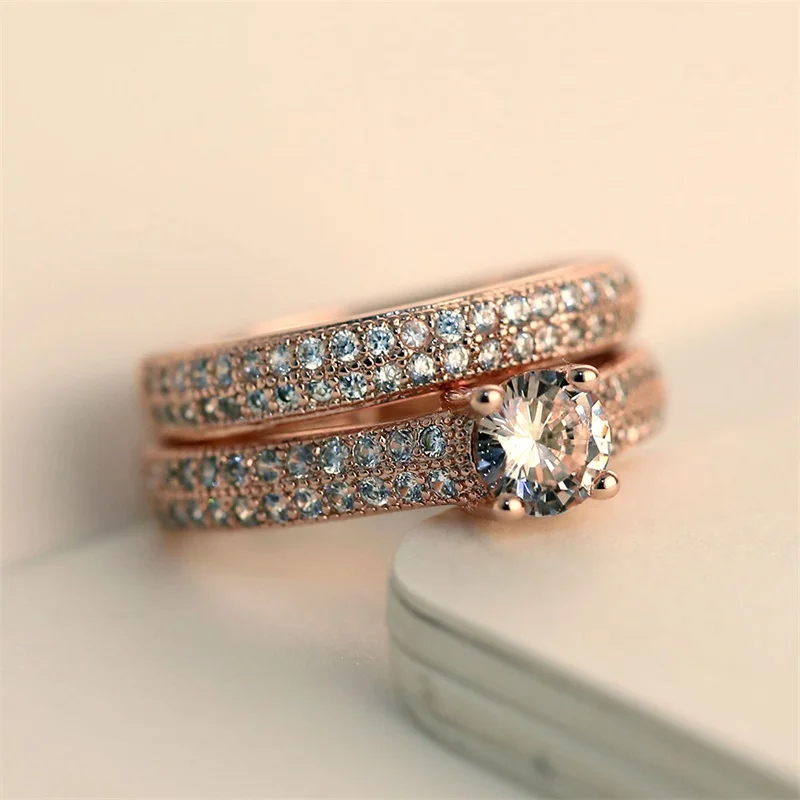 Rose gold VKME Ms. обручальное кольцо набор блестящее идеальное круглое медное женское кольцо с цирконом вечерние аксессуары 2 цвета Серебро и розовое золото - Цвет основного камня: Rose gold
