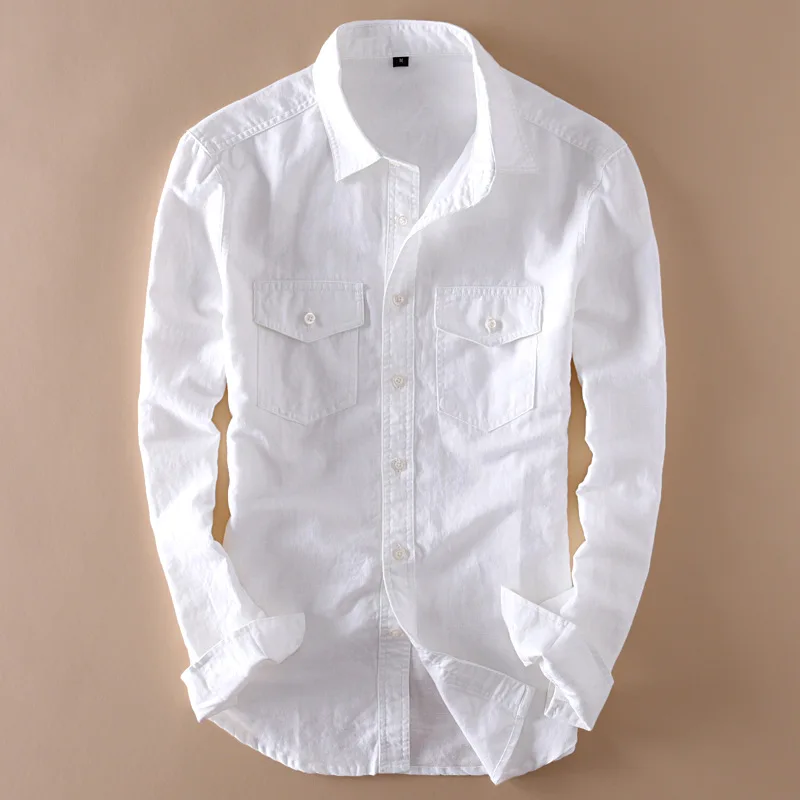 Весенняя Льняная мужская рубашка с длинными рукавами Удобная Повседневная рубашка из мягкого хлопка с двойным карманом