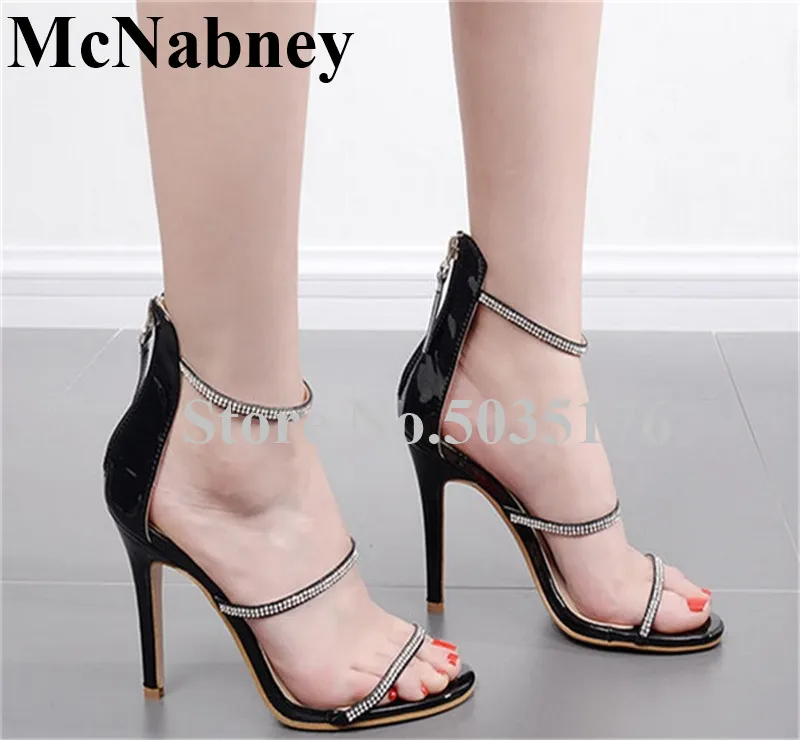 

2019 European Fashion Peep Toe Sandals Rhinestone Narrow Band Platform Stiletto Heel Cover Heel Zip Sandals Dress Women shoes