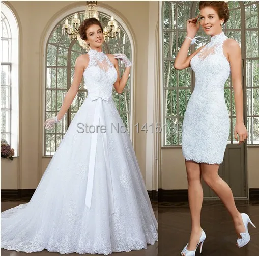 2015 Unique A Line White Ivory Sleeveless Lace Detachable Skirt Wedding