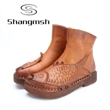 Shangmsh Flat Ankle women’s winter boots 2017 Autumn Folk Style Fish Shape Shoes Genuine Leather Soft Casual Boots Footwear