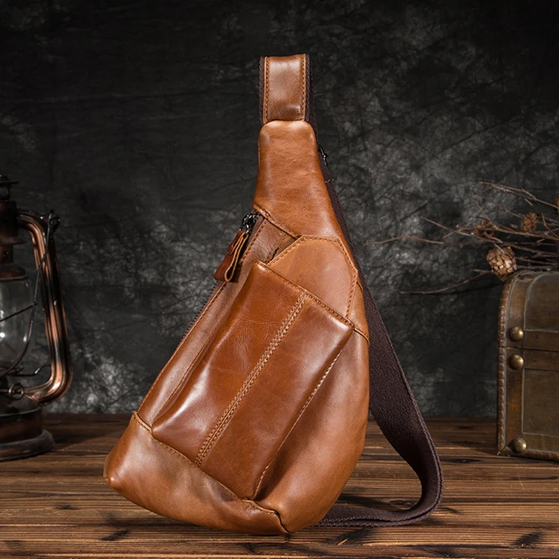 

Men Genuine Leather Single Backpack Rucksack Vintage Trend Multi-Pockets First Layer Cowhide Retro Male Chest Shoulder Bag