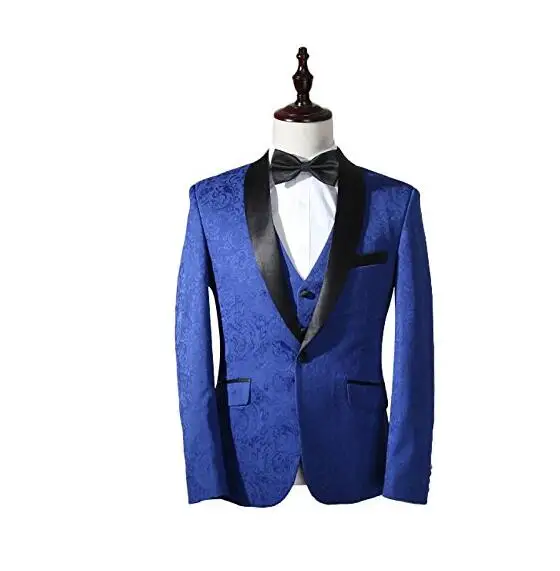 3 Pieces Royal Blue Black Shawl Mens Suits Wedding Suits for Men Groom Tuxedos Business Formal Suit (Jacket+Pants+vest+tie)