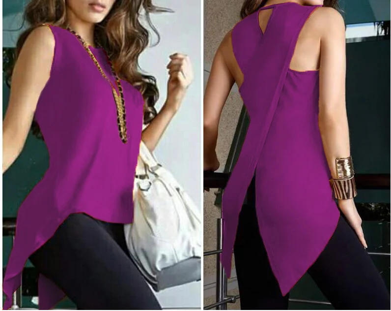 Summer Yellow Blouses Sleeveless Ladies Top Cross Irregular O-Neck Woman Blouse Female Shirt Tops Tank 3XL 2019 OL Elegant Wear