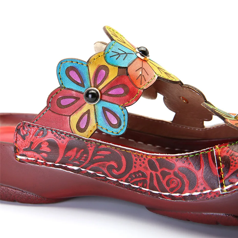 Vintage Printed Round Toe Slippers Women Shoes Genuine Leather Summer Bohemian Beach Lady Slides Flower Casual Shoe Woman Sandal (8)