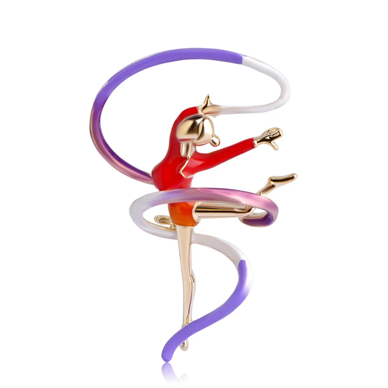 

Sports Gymnastics Whirling Girls Ribbon Brooches For Women Clothes Dress Accessories Gold-color Pins Enamel Figure Brooch Clips