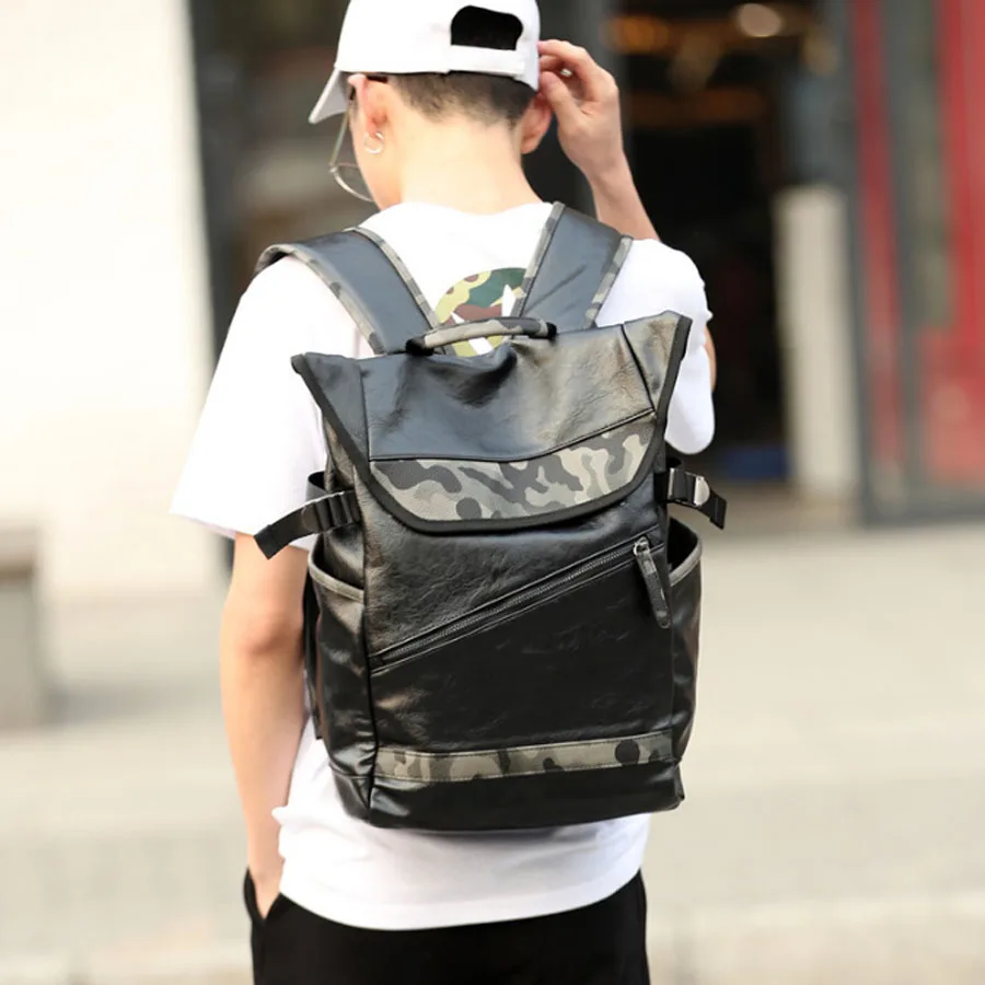 

DropShipping Fashion Simple Patchwork Large Capacity Leather Camouflage For Travel Men Daypacks Travle Backpack