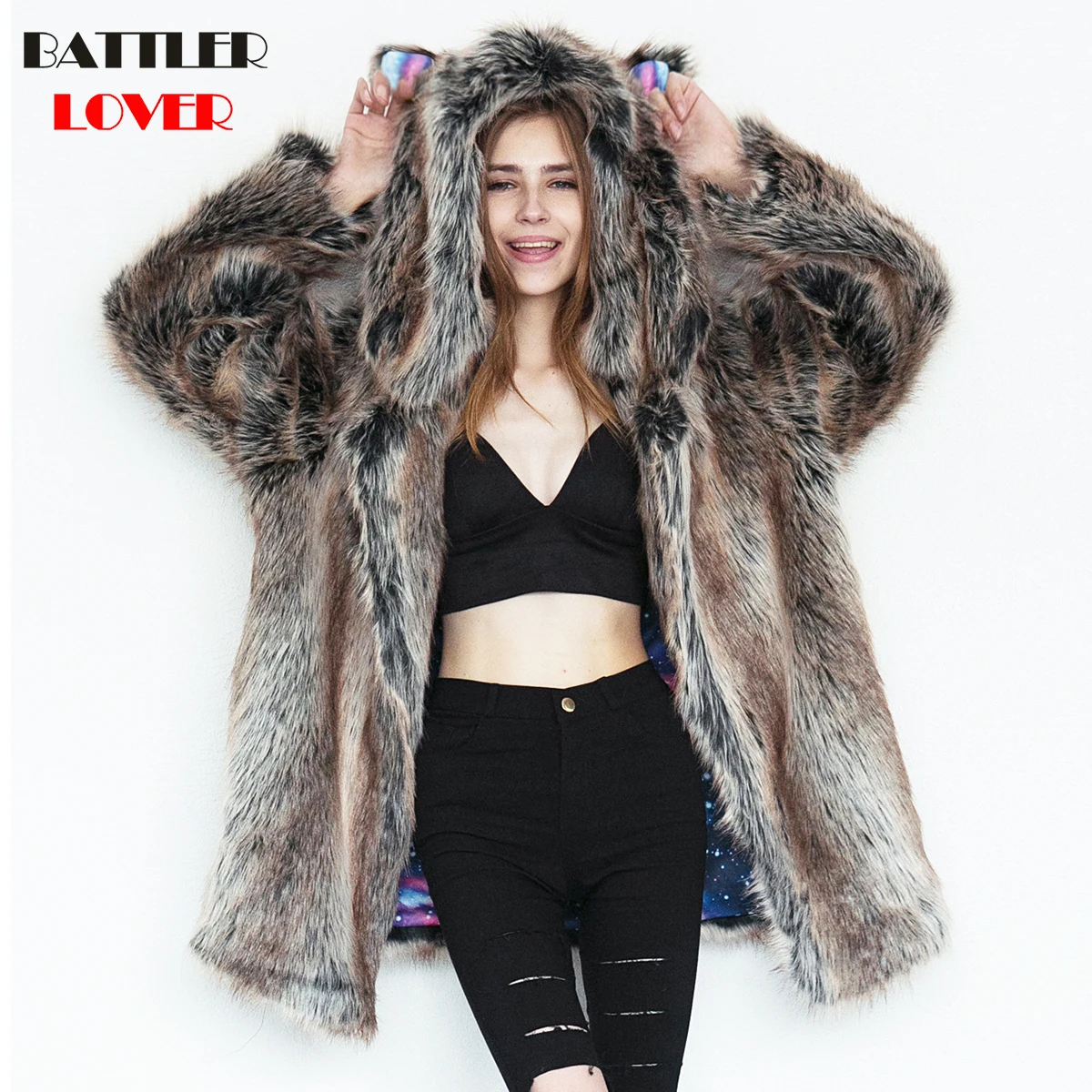 Raccoon Fur Coat Winter Jacket Women Cat ear Hooded Coats Jackets Faux Fur Womens Femme Mujer Damen Pelzmantel Snow Overcoats