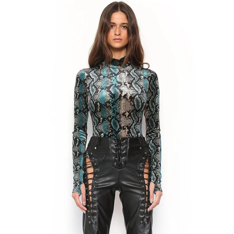 bodysuit women Sexy Snake Skin Grain Print Bodysuit Women Autumn Turtleneck Long Sleeve Skinny Playsuits Slim 2018 Party Night Club Jumpsuits nude bodysuit