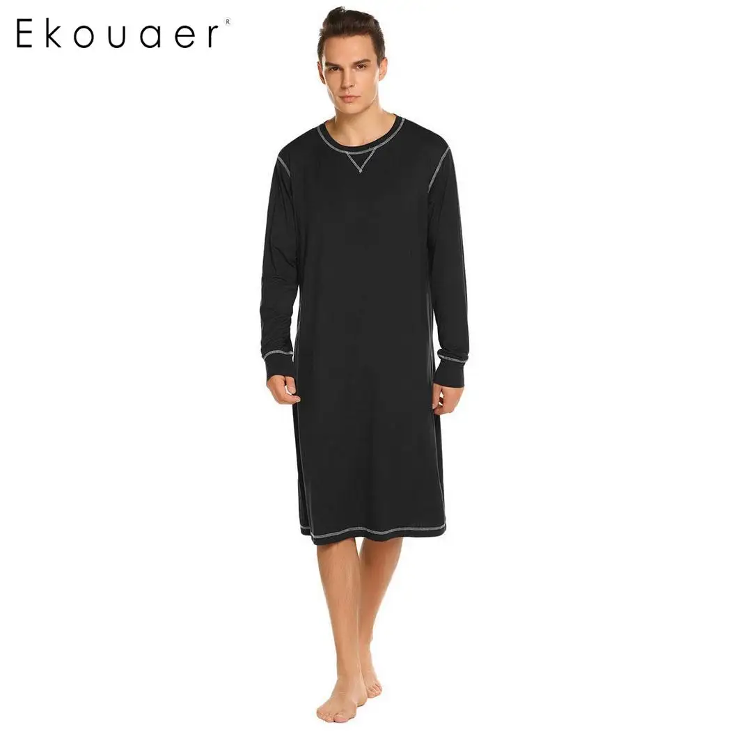 Ekouaer Мужская Ночная рубашка осенняя одежда для сна с Длинным Рукавом Легкая рубашка для сна длинная ночная рубашка мужская домашняя одежда