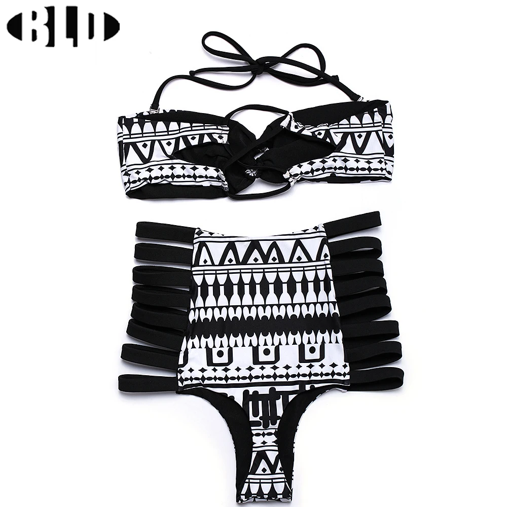 

Bohemia Printing Bikini Set Women High Waisted Bathing Suits Striped Thong Swimsuit High Neck Crochet White Bikini African
