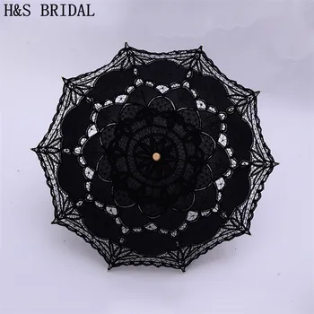 H & S 신부 우산 빈티지 빅토리아 화이트 레이스 수동 오프닝 웨딩 우산 블랙 신부 파라솔, 웨딩 샤워 우산