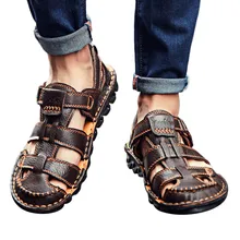 Летние мужские кожаные мягкие удобные сандалии на плоской подошве Модные Повседневные кроссовки уличная пляжная прогулочная нескользящая Мягкая подошва# G4