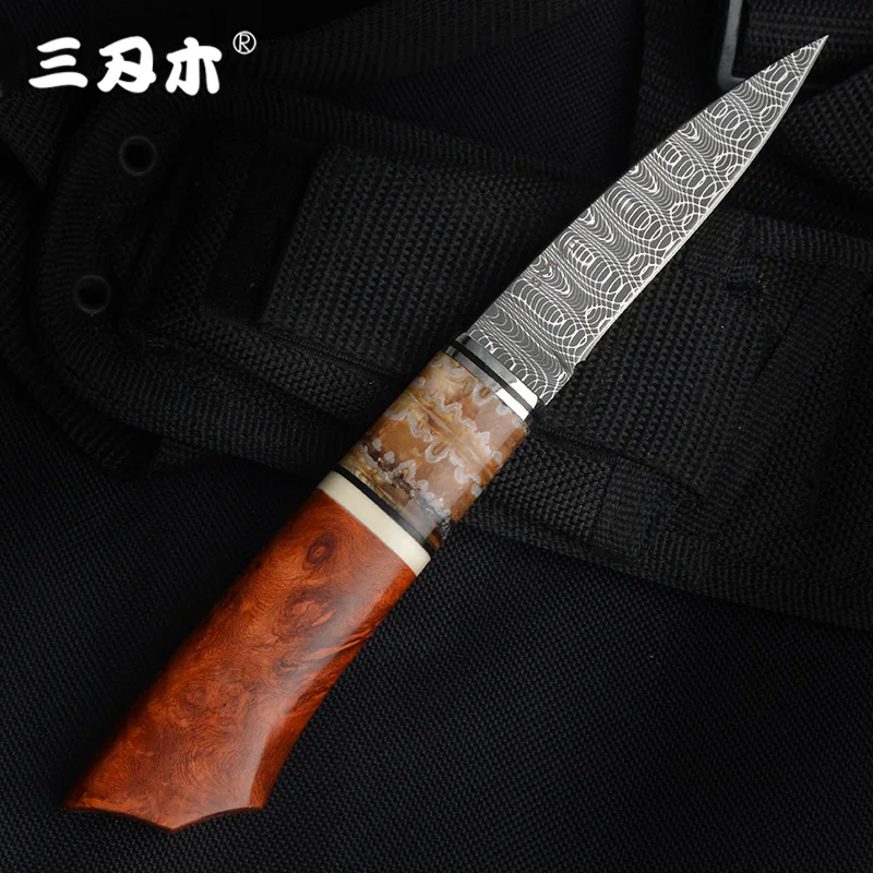 Sanrenmu S778 Fixed Blade Knife Damascus Steel Blade Rose Cherry Wood Handle Outdoor Camping Tactical EDC Tool Collection Gift