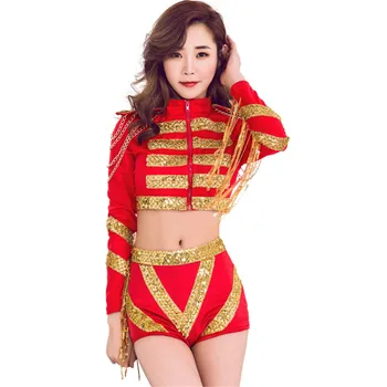 

New costume long sleeve coat top dance short pant costume red dance dress hip hop dance Sequins bar dress
