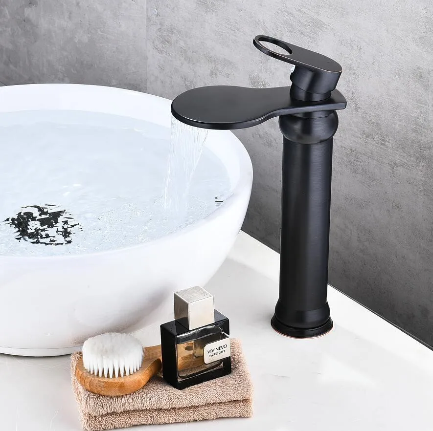 

Tall Basin Faucets Waterfall Bathroom Faucet Single handle Basin Mixer Tap Bath Black Oil Brushed Faucet Brass Sink Water Crane