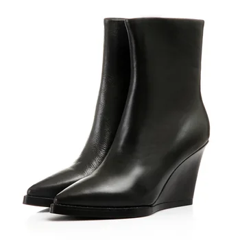 

European and American Autumn Winter Women Wedges Genuine Leather Pointed Toe Side Zipper Fashion Ankle Boots Size 34-39 SXQ0728