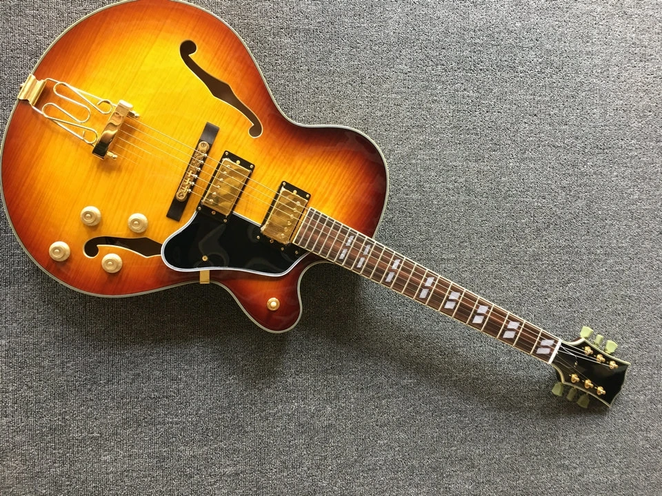 Mejores ventas de la vendimia cherryburst L5 Jazz eléctrico guitarras con Hardware de oro China OEM Guitarra izquierda disponible Disponible