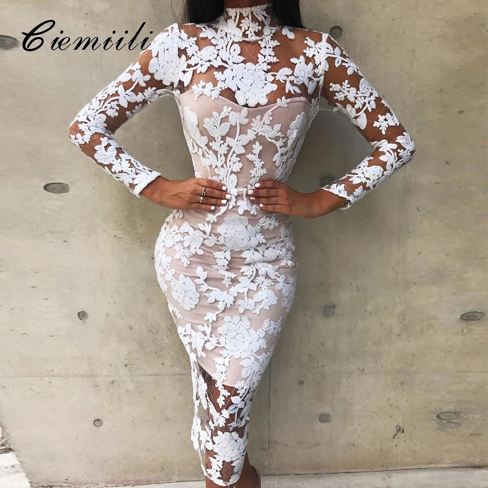 CIEMIILI 2020 Sexy Club Lace Women Dress Long Sleeve Fashion Evening Party Bandage Dresses White Elegant White Autumn Clothes