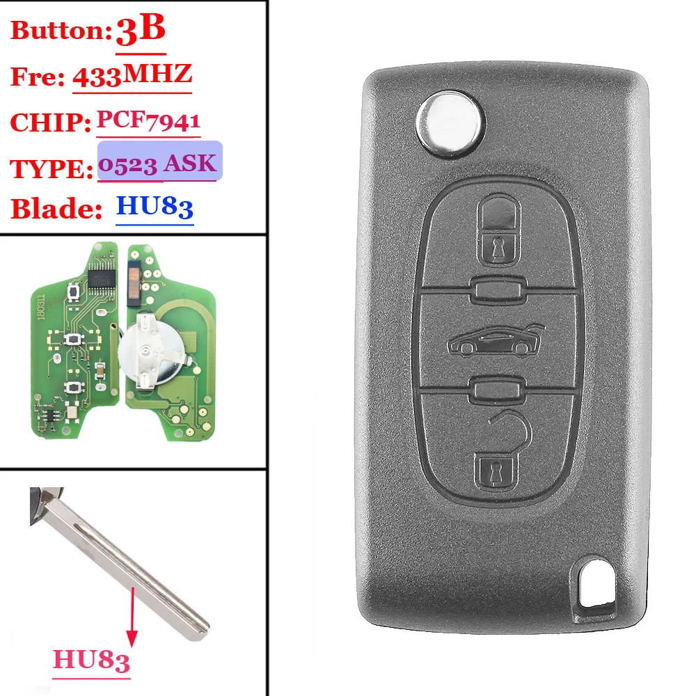 

Free shipping(1piece) hot offer 0523 type without battery clamp remote key for Peugeot flip key HU83 blade