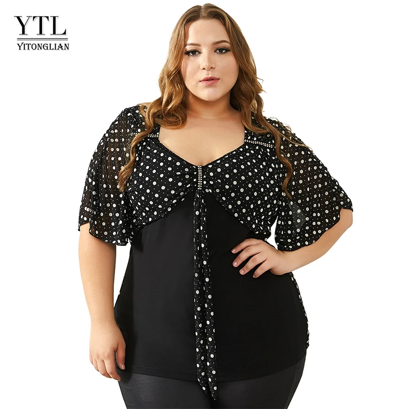 

YTL Summer Tops for Women Plus Size Tshirt Vintage 50s Polka Dot Diamond Bow Neck Batwing Sleeve Casual Shirt Tees 8XL H060