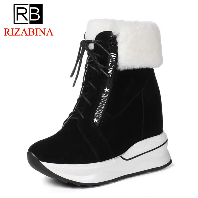 

RIZABINA Women Platform Ankle Boots Genuine Leather Winter Warm Shoes For Women Lace Up Plush Fur Inside Heels Boots Size 32-40