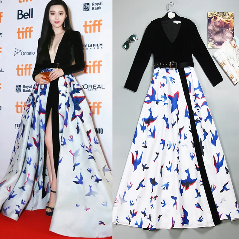 

High Quality 2019 Summer And Autumn Fashion Track New V Neck Velvet Printed Split Fork Sexy Temperament Dress Free Shipping