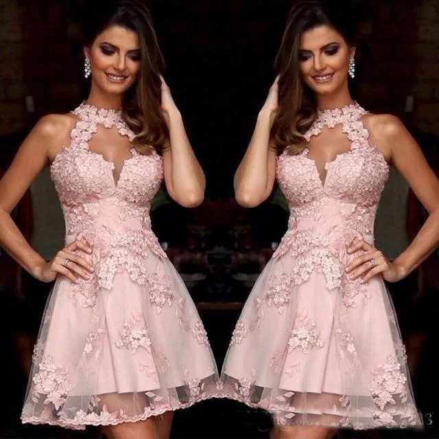 

Hot Sale Cheap Pink Short Cocktail Party Dresses Girls Prom Dresses Appliqued Lace Formal Dresses Homecoming Graduation