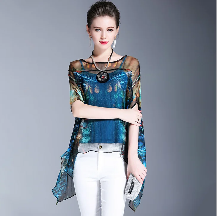 Новая летняя женская шифоновая шелковая блузка с принтом, рубашка с рукавом три четверти и круглым вырезом, модная офисная OL Блузка, Топ T100
