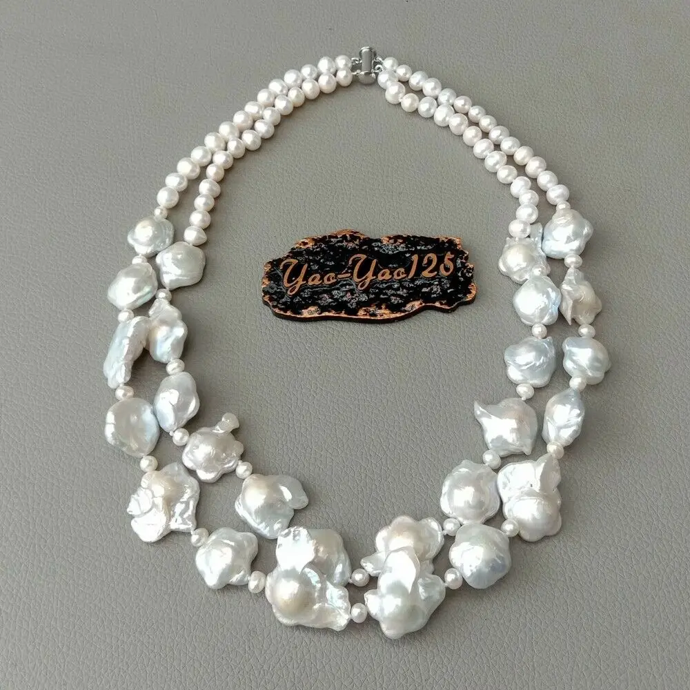 1" 2 ряда культивированный белый цветок Кеши жемчужное ожерелье